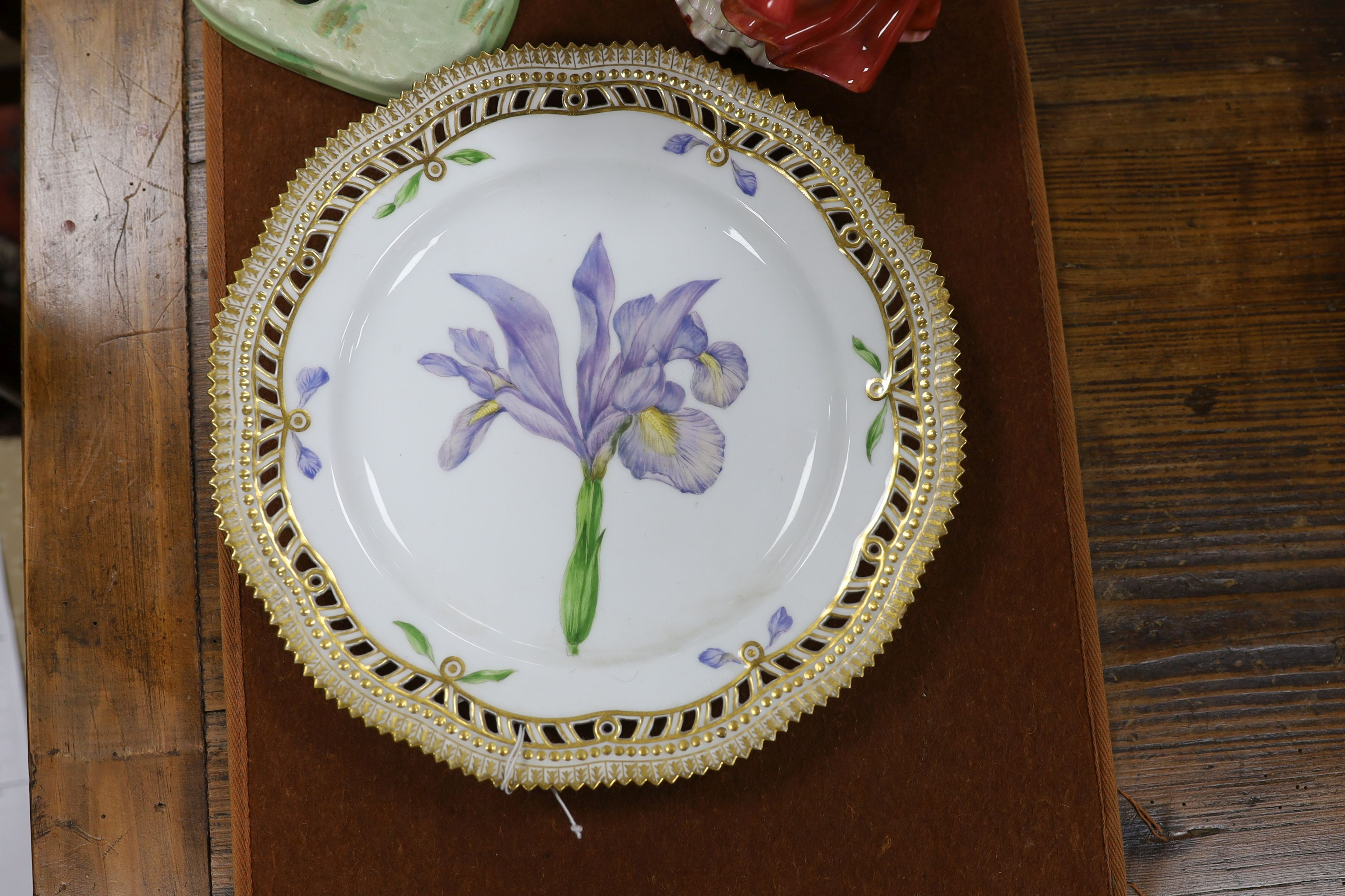 A Copenhagen porcelain botanical plate 'Prisspuria', a Beswick rearing horse huntsman and three Doulton figures (5)